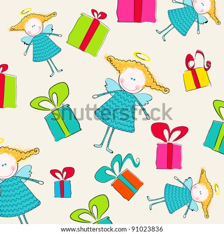 Illustration of cute, hand drawn style background with cute angels and gift boxes