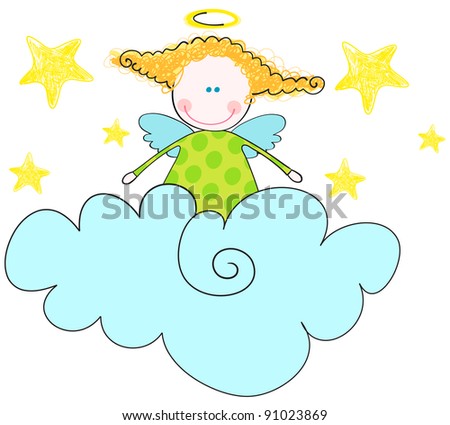 Illustration of cute, hand drawn style cute angel sitting on cloud