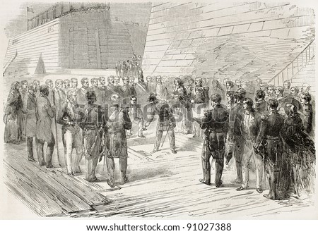 Napoleon III dock inauguration in Cherbourg. Created by Godefroy-Durand after Gaildrau, published on L'Illustration, Journal Universel, Paris, 1858