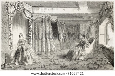 Empress eugenie bedroom aboard of La Bretagne. Created by Lebreton, published on L'Illustration, Journal Universel, Paris, 1858