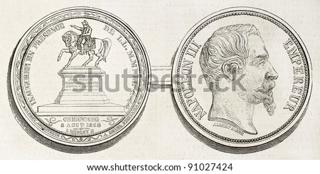 Cherbourg feast commemorative medal with Napoleon III effigy. By unidentified author, published on L'Illustration, Journal Universel, Paris, 1858
