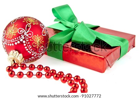 gifts and christmas decorations on a white background