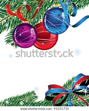 Christmas balls, spruce branches and bright bow. New Year's abstract background