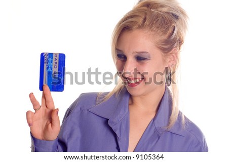 Young woman holding credit card, numbers are made up