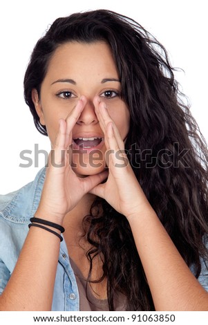 Attractive woman whispering isolated on a over white background