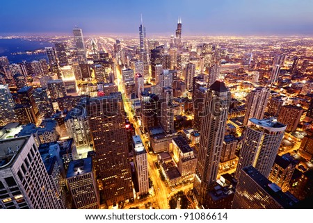 City of Chicago. Aerial view  of Chicago downtown at twilight from high above. Royalty-Free Stock Photo #91086614