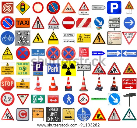Set of European traffic signs isolated over white, with text in English and German