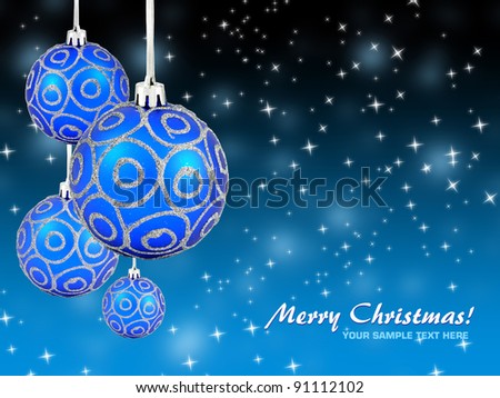 Christmas balls hanging with ribbons on background