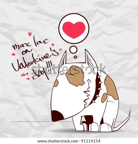 Valentine´s day greeting card with funny cartoon doggy and heart on a paper-background.
