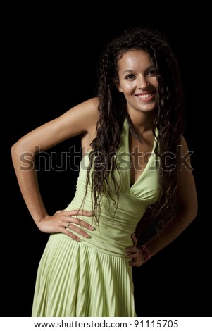 Curly girl posing, smiling woman