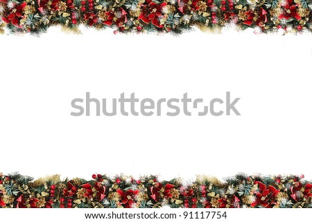 Festive Holiday Stationary / Background, Garland Border Made Of Holly Berries, Pine Cones, Gold Glitter, Red Ponsettia Flowers, all with lots of Christmas Color!