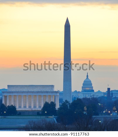 Washington D.C. city view in sunrise, including Lincoln Memorial, Monument and Capitol Hill building