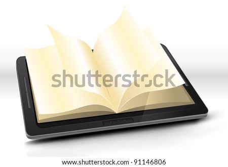 Open Book In Tablet PC/ Illustration of a tablet pc digital book with pages flipping effect. Imaginary model of e-book not made from a real existing product or copyrighted model.