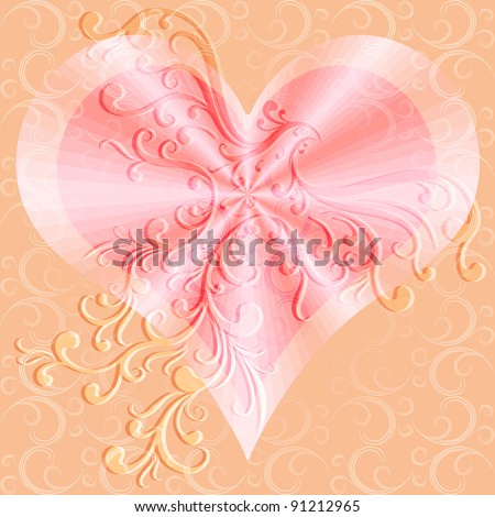 Pink valentines background with heart,rays and vintage bird (vector EPS 10)