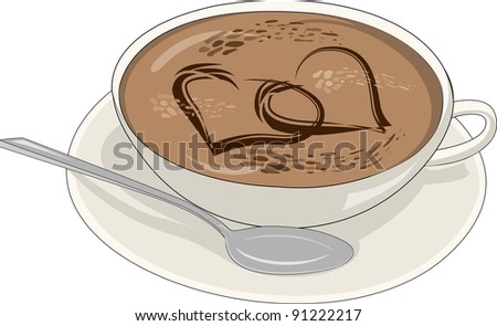 Illustration of a cup of coffee on a saucer with a spoon on a white background. Isolated image in a flat style. Decorative design for cafeteria, posters, banners, postcards