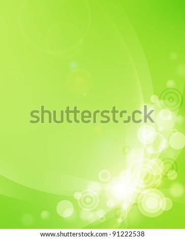 Green abstract background with transparent circles and bubbles in the corner.