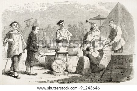 Chinese blacksmiths old illustration. Created by Borget, published on L'Illustration, Journal Universel, Paris, 1858