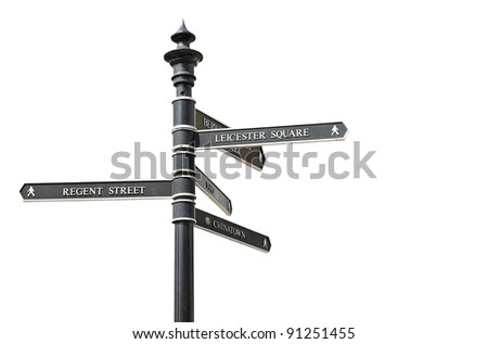 Street sign with directions to several famous London landmarks such as Leicester Square,Soho,Chinatown or Regent Street