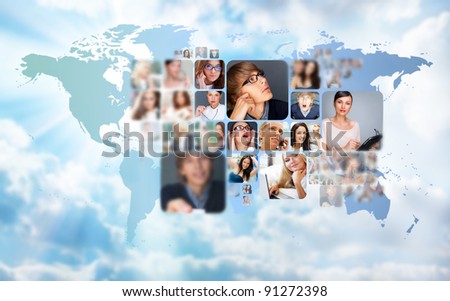 Graphic design background. World map and photo of different people across the world. Online community concept
