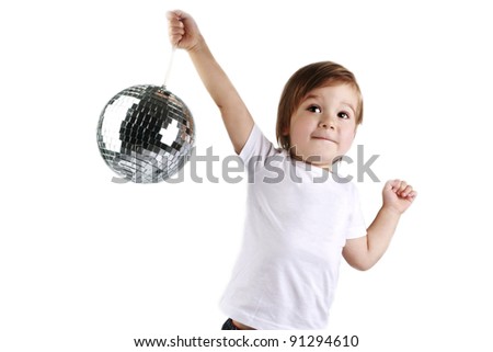 cute boy dancing with a mirror ball in the white T-shirt on a white background