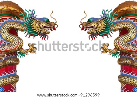 Twin Golden Chinese Dragon Wrapped around red pole on isolate background.