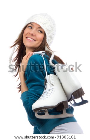 Pretty woman ice skating winter sport activity in white cap smiling facial close-up isolated on a white background
