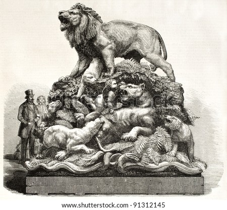 Sculpted group depicting fierce beasts tamed by love. Created by Marc after sculpture by Lechesne, published on L'Illustration, Journal Universel, Paris, 1858