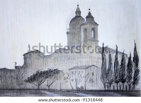 The drawing of the Basilica of Santa Maria degli Angeli (Saint Mary of the Angels) is a church situated in the plain at the foot of the hill of Assisi, Italy, there was a monastery of St. Francis .