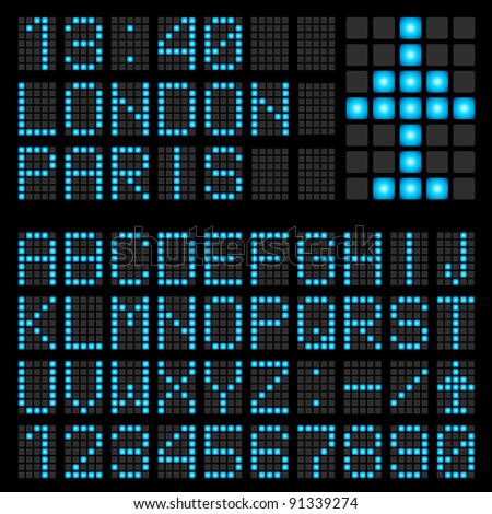 Set of blue letters on a mechanical timetable. Illustration of the designer