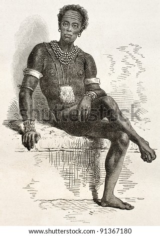 Old engraved portrait of Joctian, native African, leader of Nouers tribe ( lake Victoria area). Created by Neuville, published on Le Tour du Monde, Paris, 1867