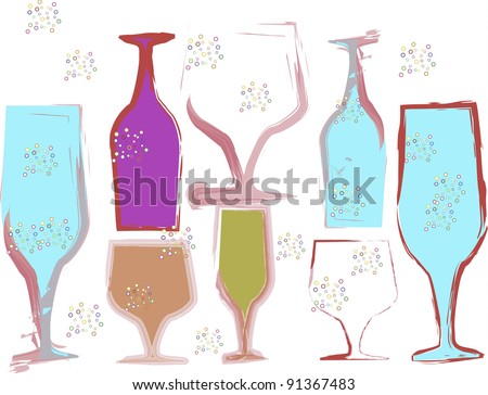 Multi colored vector wine glasses all different shapes and size. It has a white background,