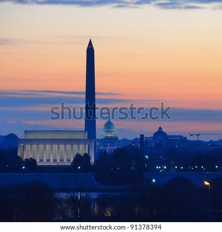 Washington DC city view in sunrise, including Lincoln Memorial, Monument and Capitol building
