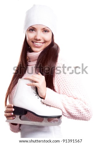 beautiful happy young woman going ice-skating, isolated against white background