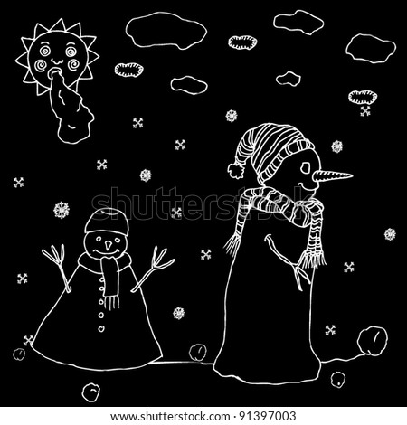 Original drawing of two snowman on black background.