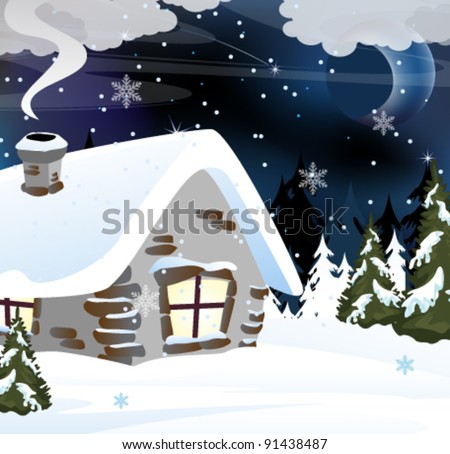 Small snowbound cabin in the winter forest. Night rural landscape