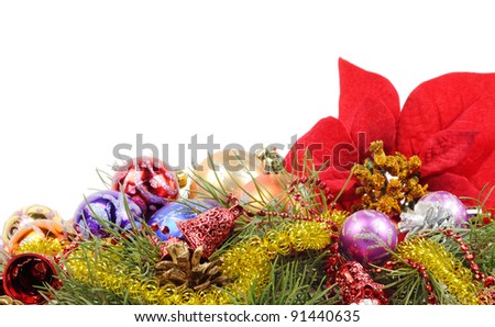 Christmas flower poinsettia with xmas colorful balls  and other decor