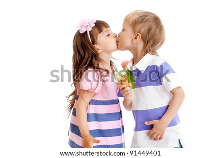 girl and boy are kissing with ice cream in hands isolated