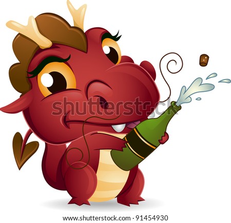 Illustration of a Dragon Popping a Champagne Bottle Open