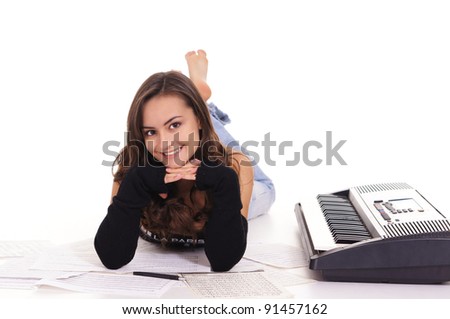 cute girl with piano and texts on white