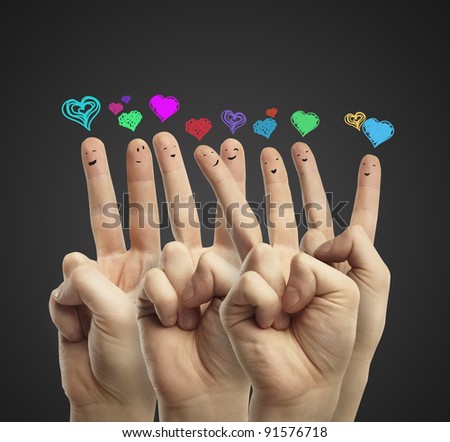 Group of happy finger smileys with love heart speech bubbles and social chat sign.
