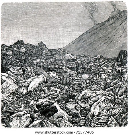 antique engraving twisted lava of Vesuvius, 1872- an illustration of the encyclopedia publishers Education, St. Petersburg, Russian Empire, 1896
