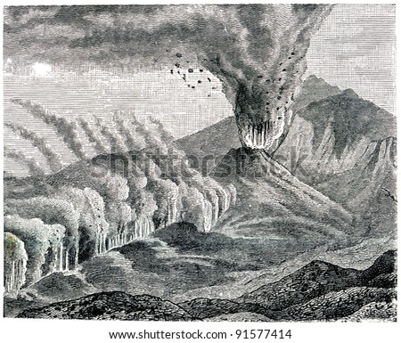 antique engraving eruption of side of the crater of Etna,1805- an illustration of the encyclopedia publishers Education, St. Petersburg, Russian Empire, 1896