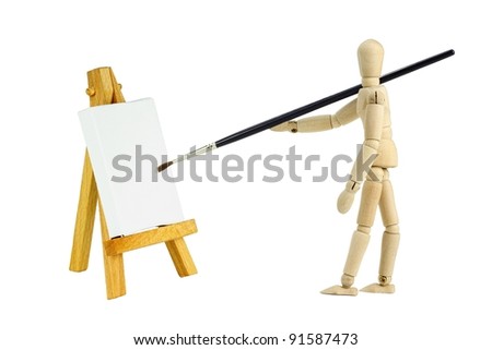 Wooden mannequin with an easel with a blank canvas to be used for text and other purposes by the designer