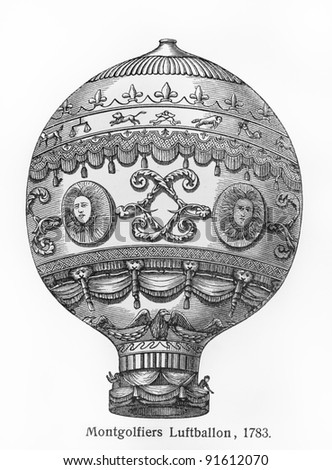 Montgolfier brothers hot air balloon from 1783 - Picture from Meyers lexicon books published between 1905-1909.