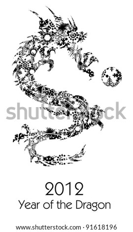 2012 Flying Chinese Snowflakes Pattern Year of the Dragon with Ball on White Background Illustration