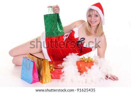 pretty snow maiden with a gift on white