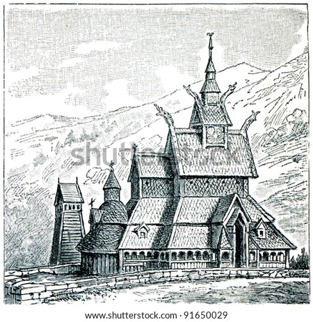 Borgund Stave Church - an illustration of the encyclopedia publishers Education, St. Petersburg, Russian Empire, 1896