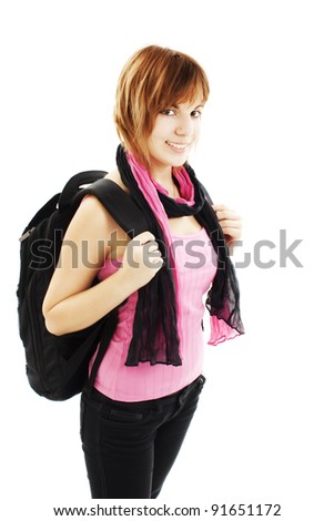 Teenager Girl with Backpack. Isolated on white background