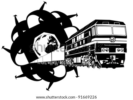 Freight locomotive and abstract arrows indicate the direction. Black and white illustration.