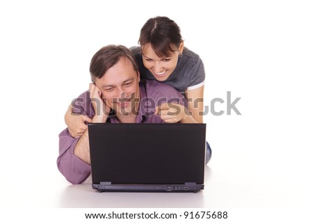 nice man and woman with laptop on white